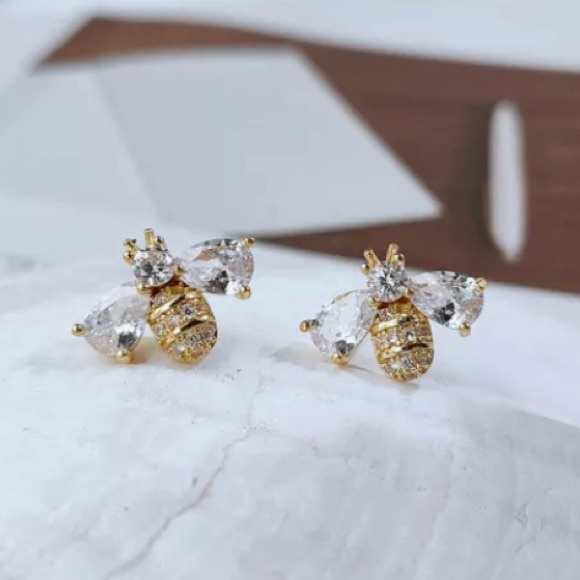 Beautiful GOLD PLATED Zircon crystals Bee earrings - Picture 7 of 8